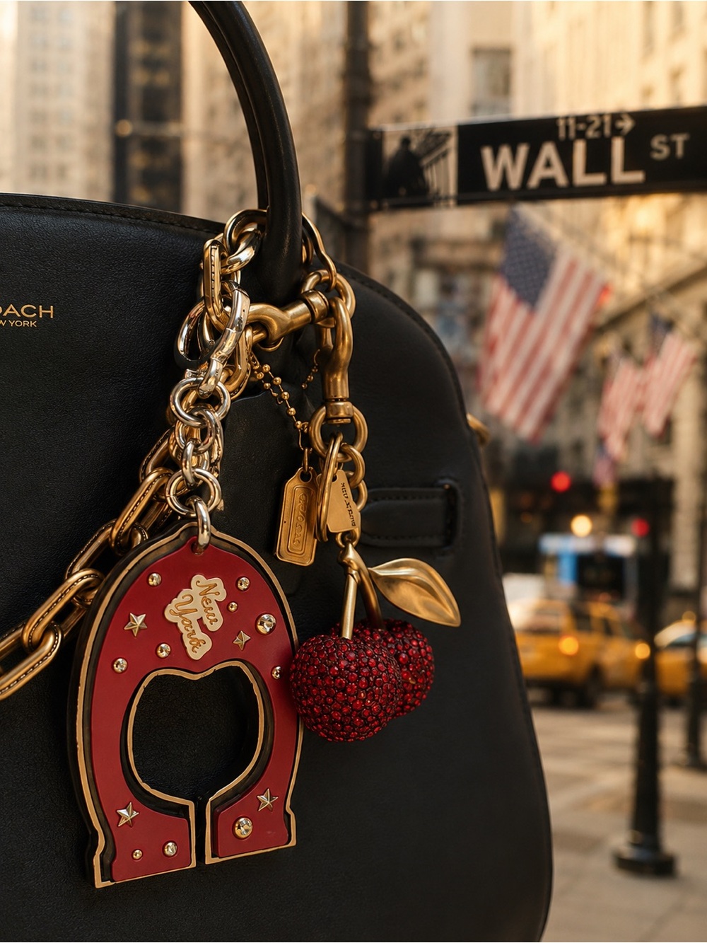 COACH leather Varsity C red stud bag charm with silver hardware